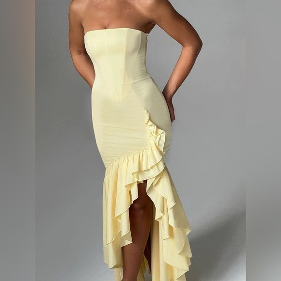 Strapless Ruffle High-Low Bodycon Dress - Picture 2 of 14